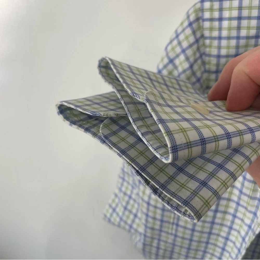 David Donahue Blue Green Tattersall Check Dress Shirt Neck 15.5 32/33 Preppy
